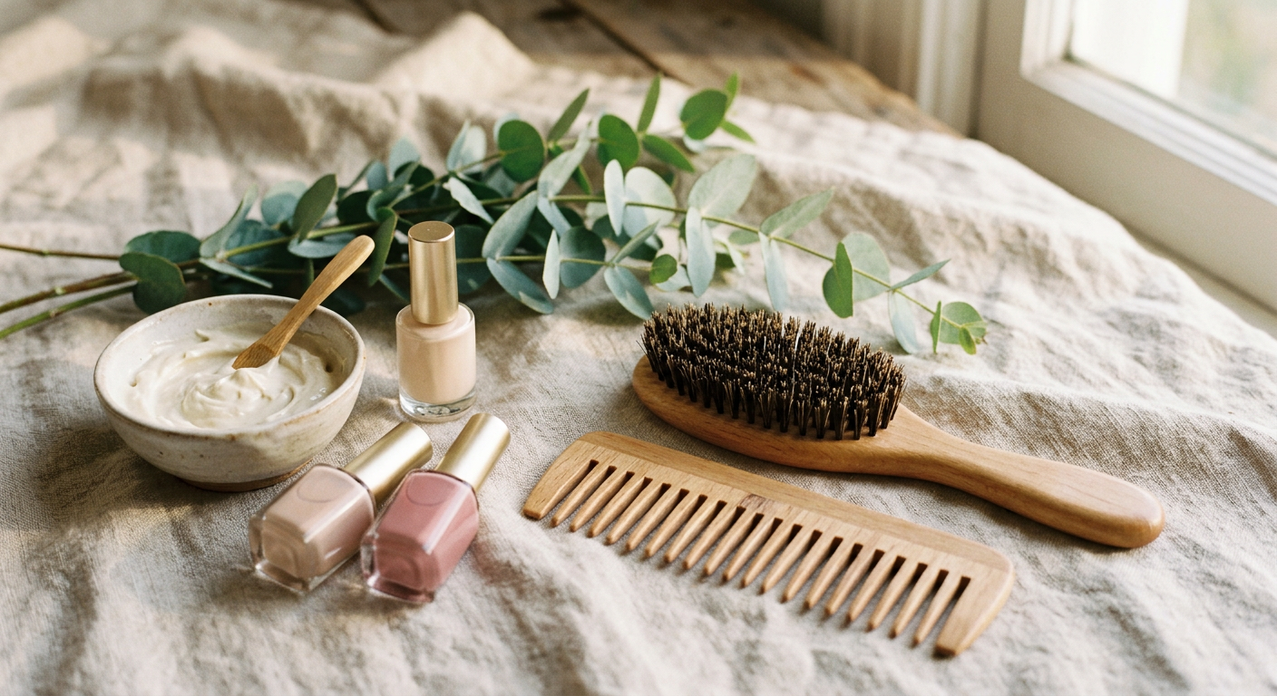 Nail polish, a hairbrush, facial cream and eucalyptus arranged on soft linen